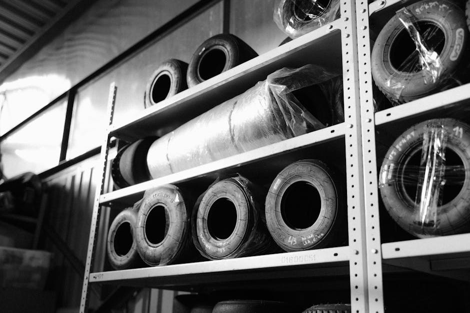 Tires stacked on racks in a secure storage facility